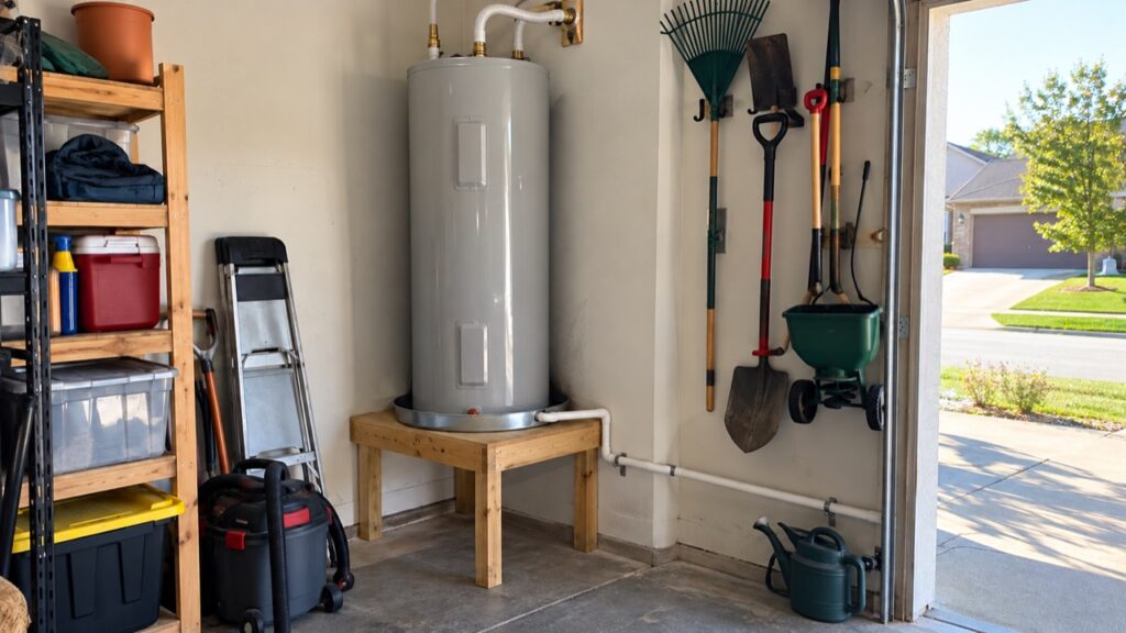A new electric water heater on a platform in the garage of a home near Windsor High School in Imperial