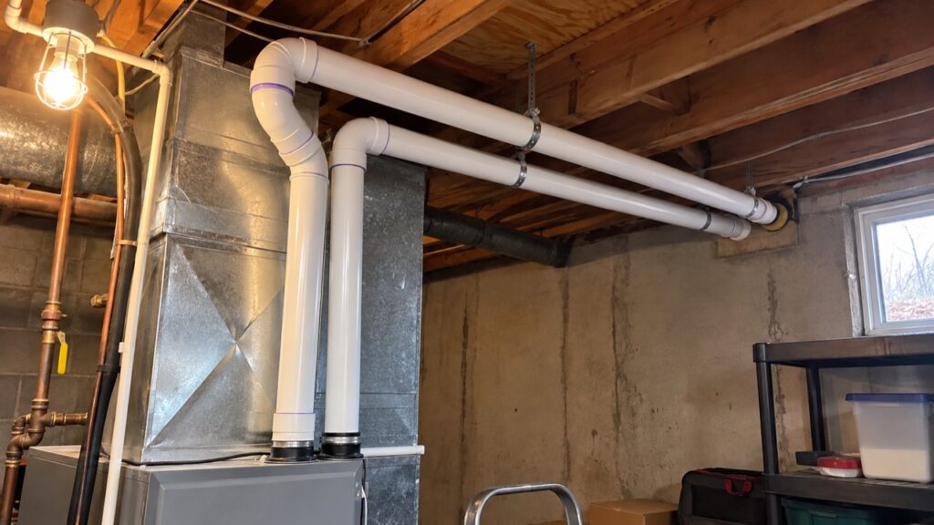 White PVC intake and exhaust pipes running across the basement ceiling from a high-efficiency furnace near Rockport Heights