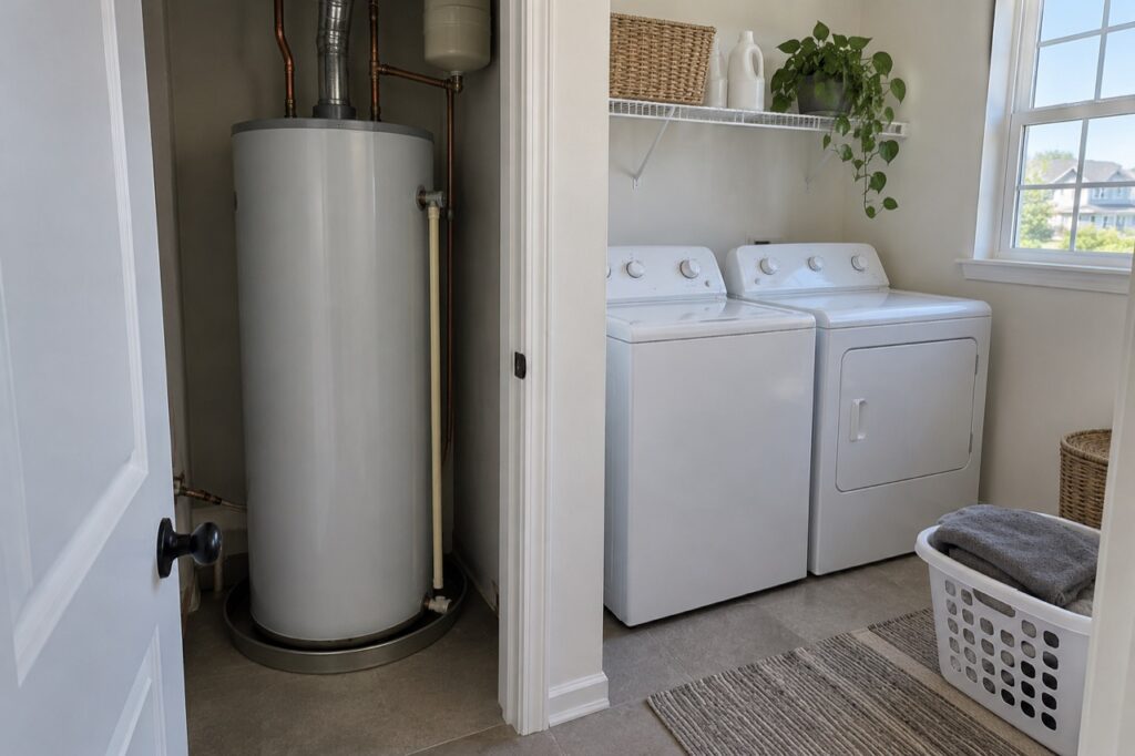 A tank water heater in a laundry room closet in a newer Imperial home near Windsor High School
