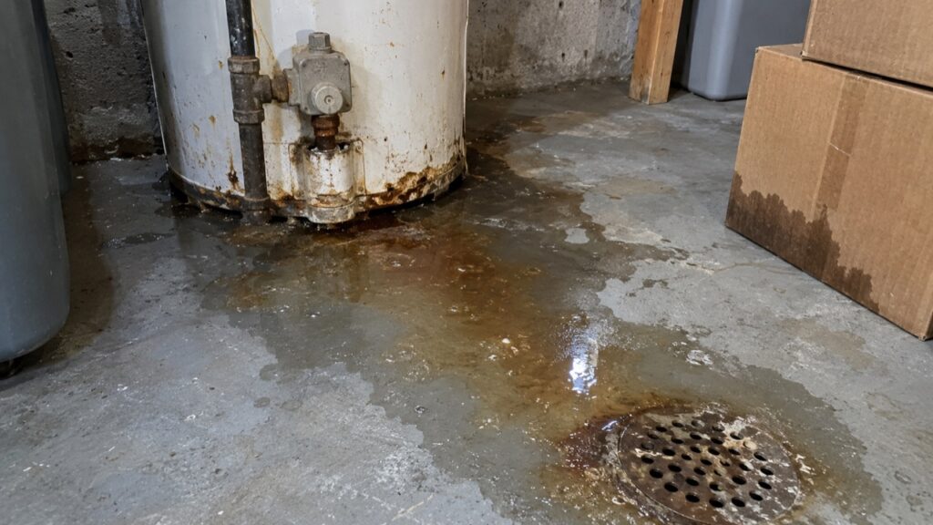 Water heater replacement near Wohlwend Elementary: an old tank leaking rusty water across a basement floor in Oakville