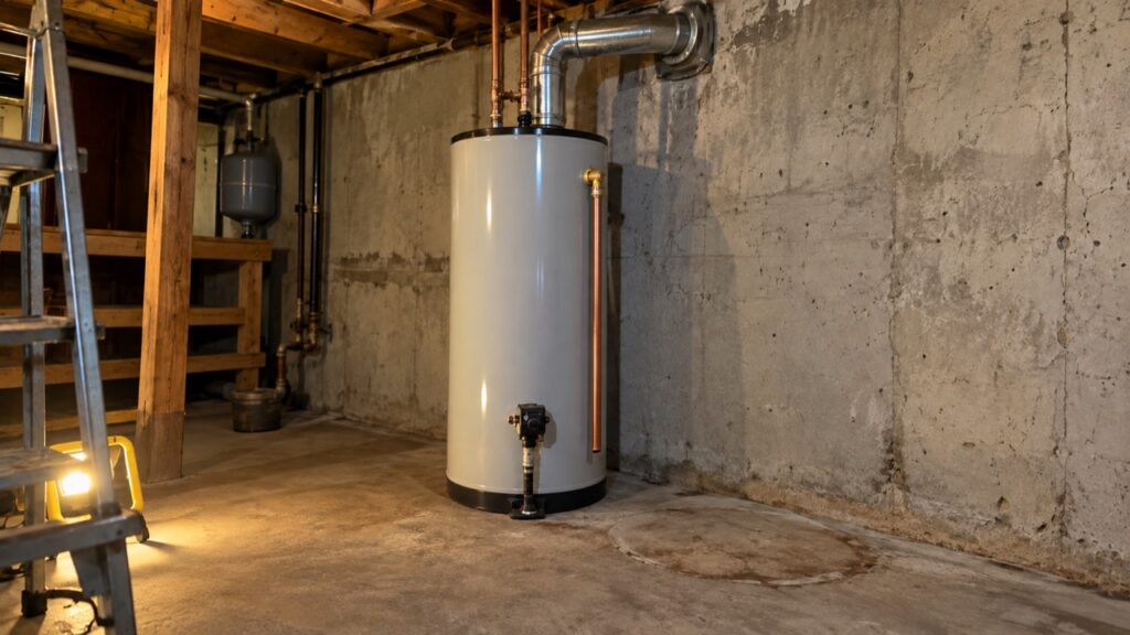 Water heater replacement near Strawberry Creek Nature Area: a new gas tank water heater installed in an Arnold basement