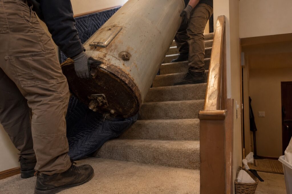 Carrying an old water heater up the stairs of an Arnold split-level during a water heater replacement