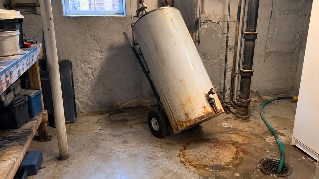 Old rusted tank water heater disconnected and ready to haul out of a basement