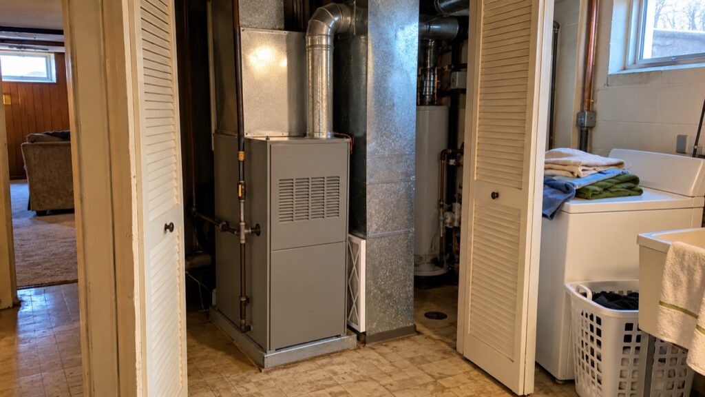Furnace repair near Pomme Creek Park: a gas furnace in the lower-level closet of an Arnold split-level home