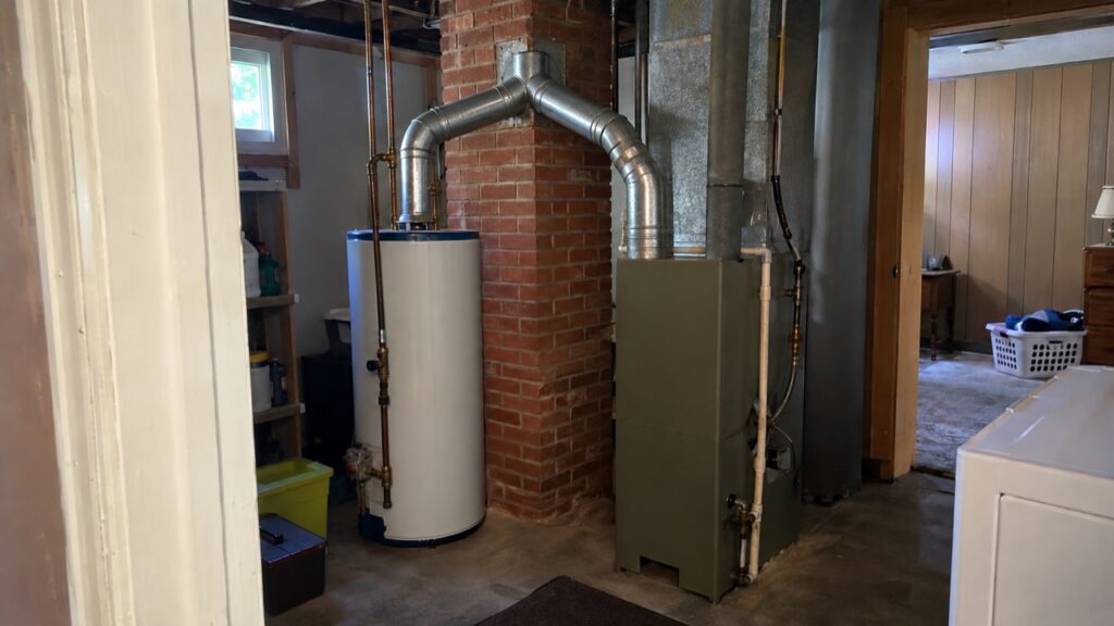 Gas water heater and furnace sharing one flue in the lower-level utility room of an Arnold split-level home