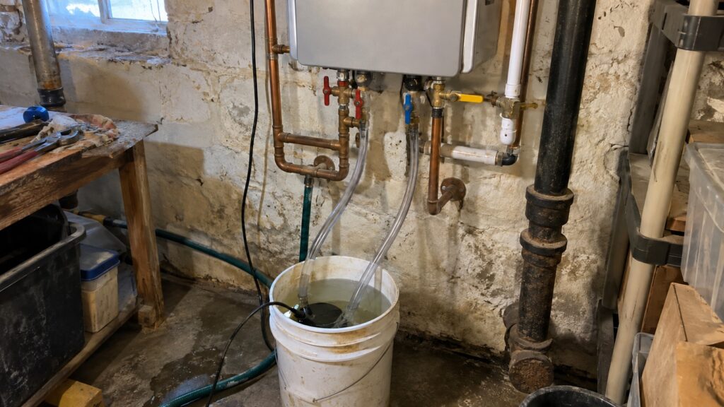 Pump, hoses and bucket hooked to the service valves under a tankless water heater during its yearly flush