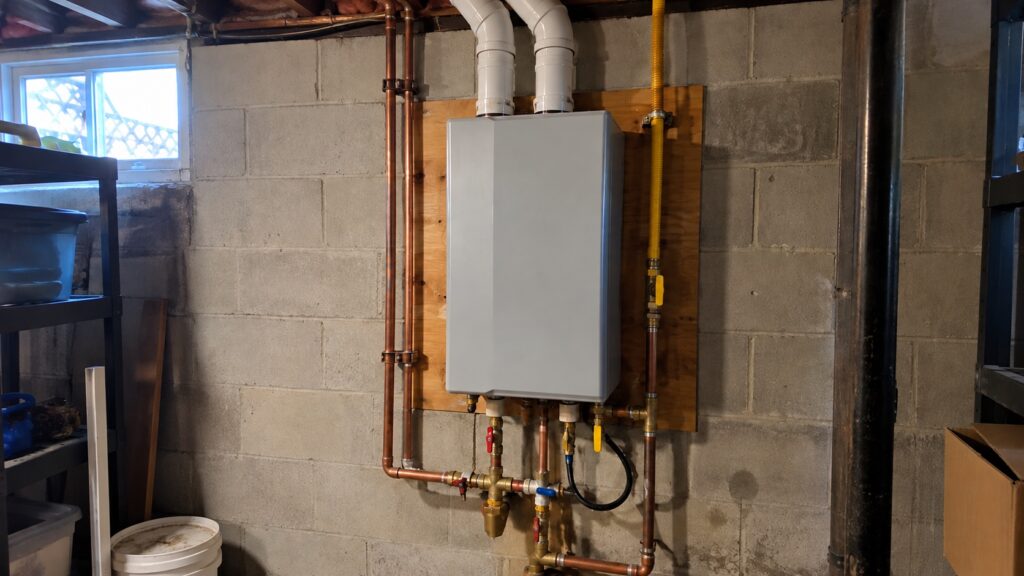 Tankless water heater installation in Oakville: wall-mounted gas tankless unit with white vent pipes and copper water lines in a block basement