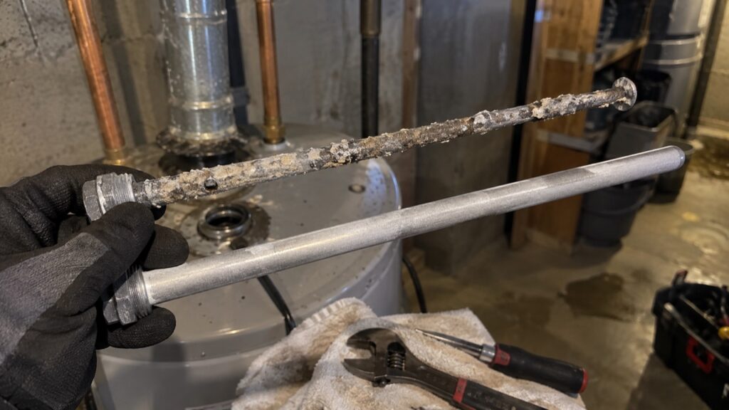A worn anode rod pulled from an old water heater next to a new one during a replacement near Wohlwend Elementary