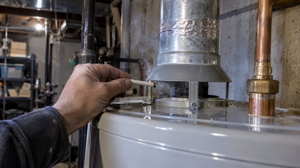 Checking the draft on a new gas water heater with a smoke pencil after a replacement in Arnold