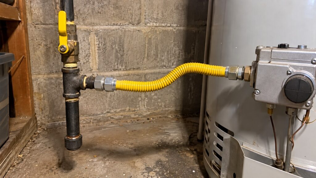 A gas shutoff valve, drip leg and new flexible connector on a water heater replacement near Strawberry Creek in Arnold