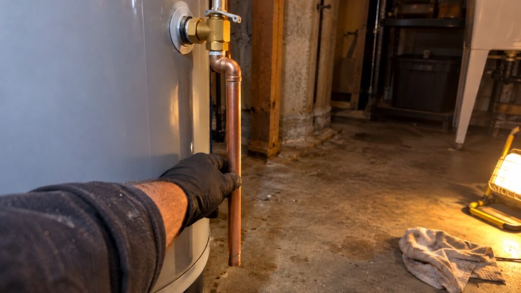 A temperature and pressure relief valve discharge line on a new water heater in an Oakville basement