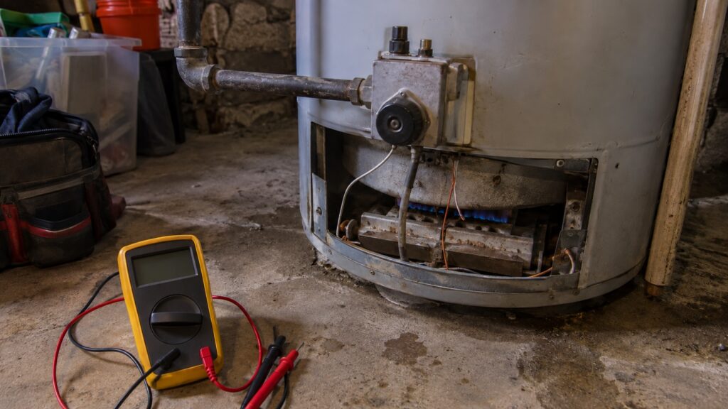 Water heater repair in Oakville: burner cover off a gas water heater with a meter on the floor, ready for testing