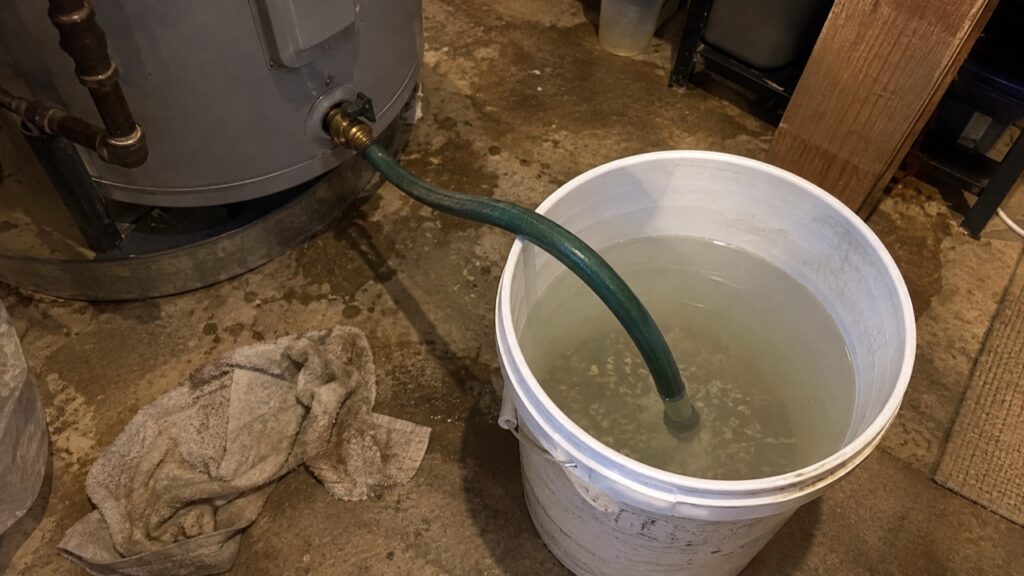 Flushing sediment from the bottom of a water heater into a bucket in an Arnold basement near Strawberry Creek
